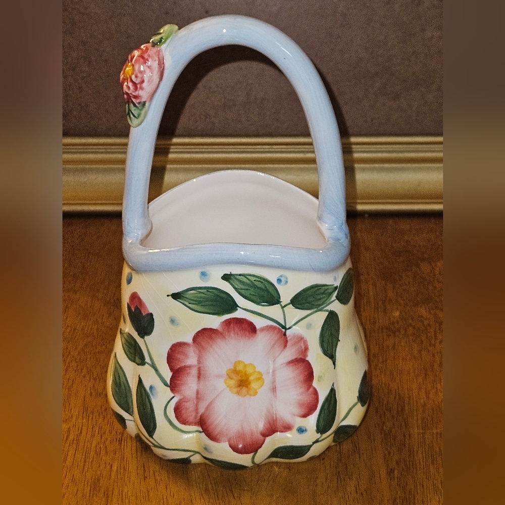 Flowers, Inc. Balloons Hand Painted Floral Ceramic Purse W/Handle Planter